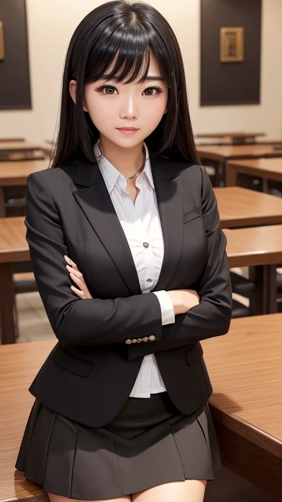 ((high quality)), ((Tabletop)), (Detailed face), (highlight),　Asian woman、Heavy bangs、Black Hair、skirt、blazer