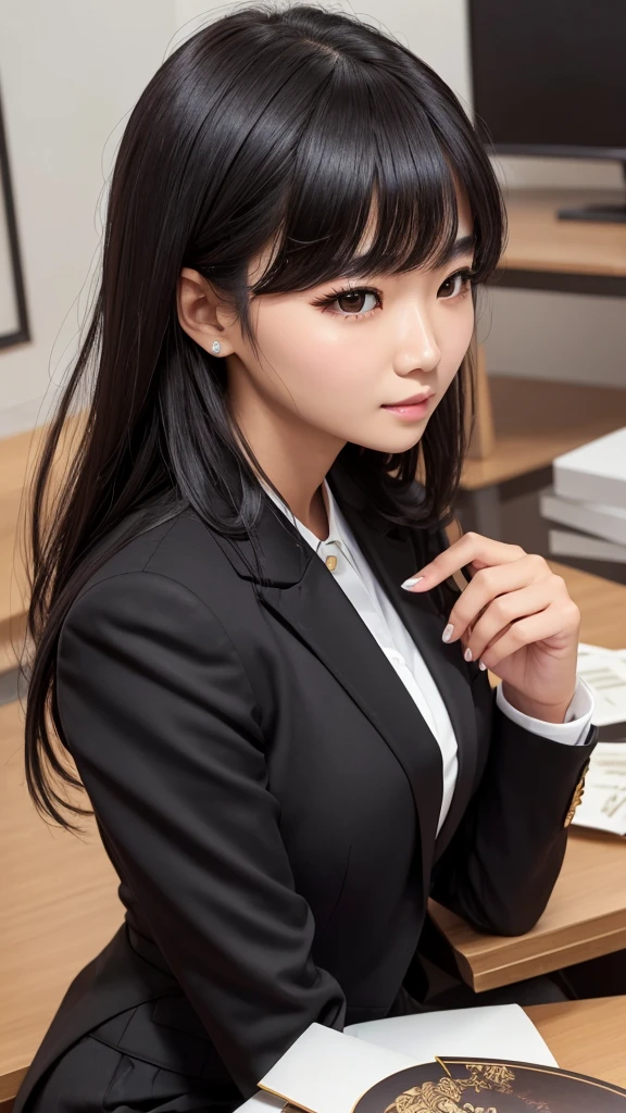 ((high quality)), ((Tabletop)), (Detailed face), (highlight), Asian woman、Heavy bangs、Black Hair、skirt、blazer
