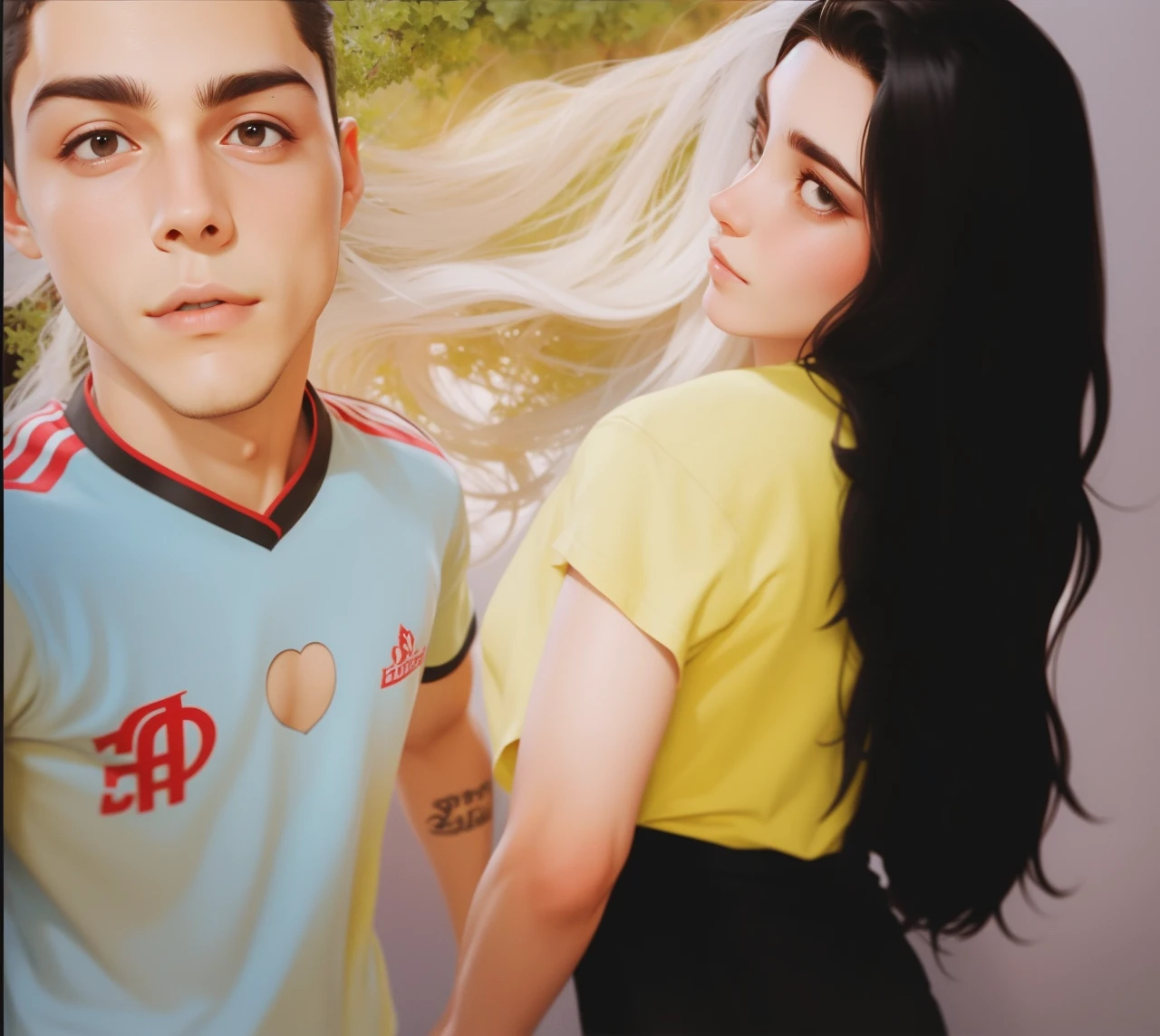 Best quality, casal, adolescentes, cabelo preto, camisa branca, camisa amarelo, 24 anos