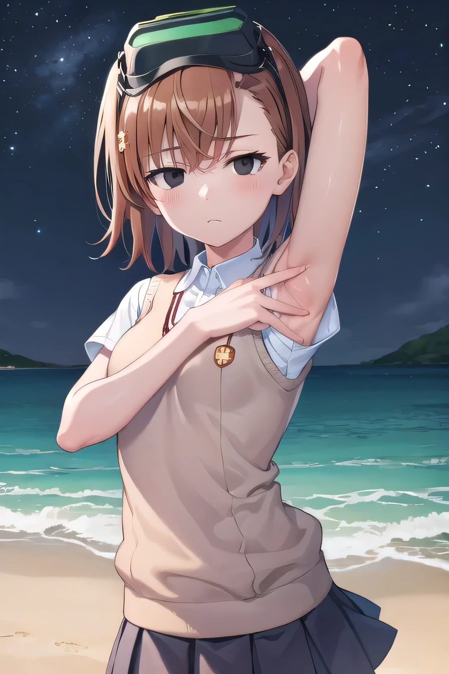 misaka imouto, short hair, brown hair, black eyes, empty eyes, goggles, goggles on head, head-mounted display, , sweater vest, shirt, skirt, white shirt, pleated skirt, v-neck, short sleeves, tokiwadai, solo, night sky, beach, arms behind head, contrapposto, spread armpits, closed mouth, upper body, looking at viewer,