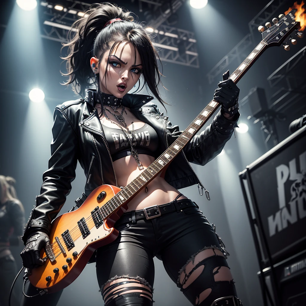 Heavy metal, biker chick with chains and spikes, ferocious expression, powerful female rock star, black leather, dressed in black leather jacket and torn jeans, dark eyeliner and black lipstick, heavy music, fierce woman, standing tall, epic guitar solo, guitar on fire, woman solo electric guitar, female guitarist of metal, woman playing the guitar, electric guitar made of metal, flames on stage, female rocker playing a concert,