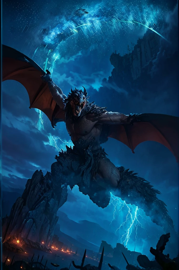 An epic battle scene with the hero fighting the dragon in a dark and stormy environment. The hero, with short, dark hair and a determined expression, wields his sword valiantly. His blue tunic and cape billow in the fierce wind as lightning crackles across the sky. The dragon, immense and ferocious, breathes fire and swings its massive tail. The battlefield is chaotic, filled with the clash of swords and magic, creating a dramatic and intense atmosphere.