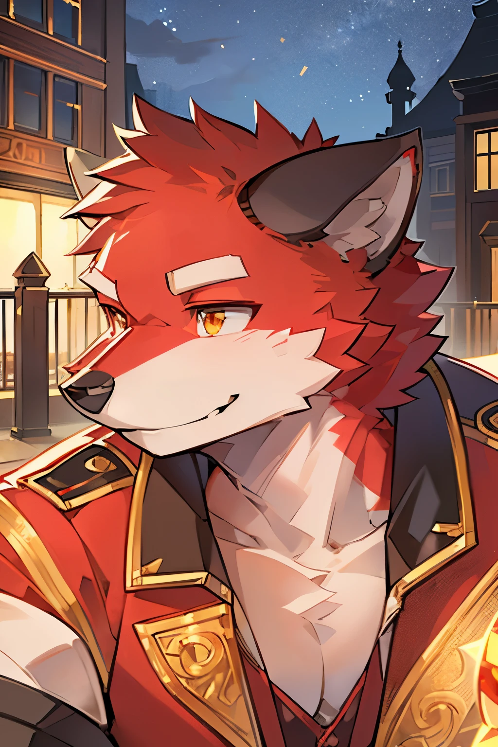 Exquisite lines,best quality。university student,male,Red fur,Red ears,body torn, Background of the entrance of the city community in the evening,Direct vision,smiling,Happy Mood,greet,Golden Eyes,Red Wolf Orc