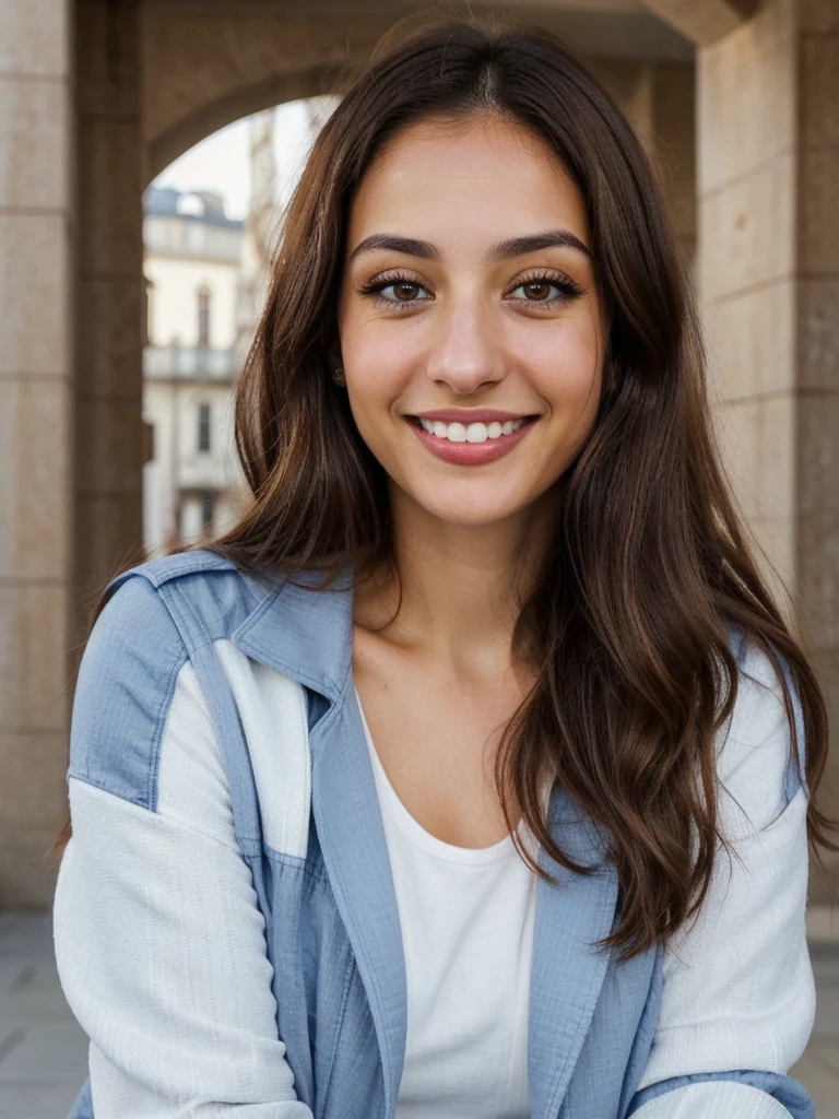 one cute women, 29YO, white, Arab, cute face, realistic brown eyes, blue jacket, brown hair, cute smile, skinny face, white realistic teethes, big eyes, long hair