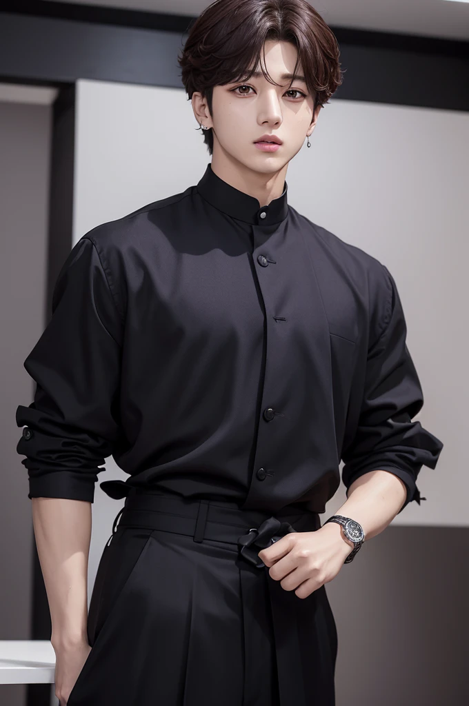 Foto do Jeon Jungkook membro do BTS, trajado de terno preto e o local com um aspecto antigo.