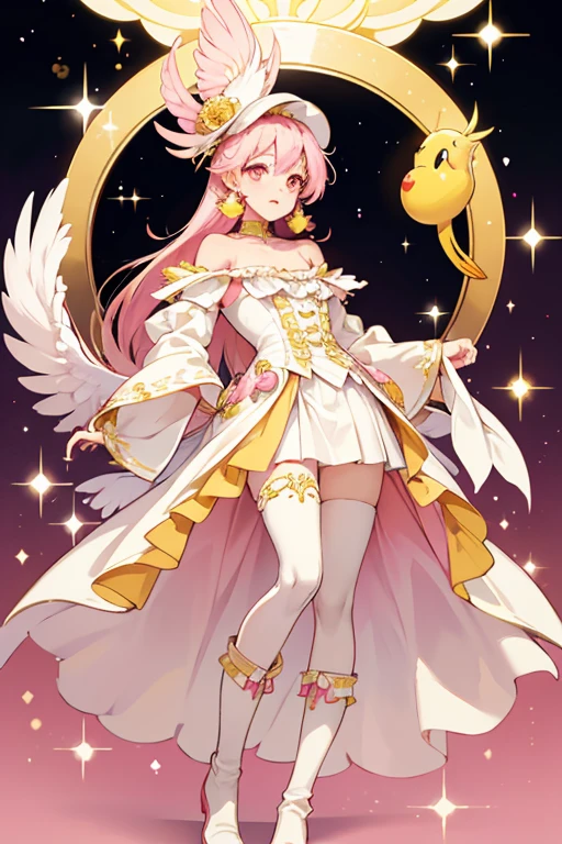 Stylitchi has with cream-colored skin . She has beady eyes with two eyelashes each, light pink cheeks, and a yellow beak. She wears a white suit with a frilly collar, a pink strap going from her right shoulder to her left hip with a mirror attached, tan boots, and a pale red cap. SPARKLE; GLITTER