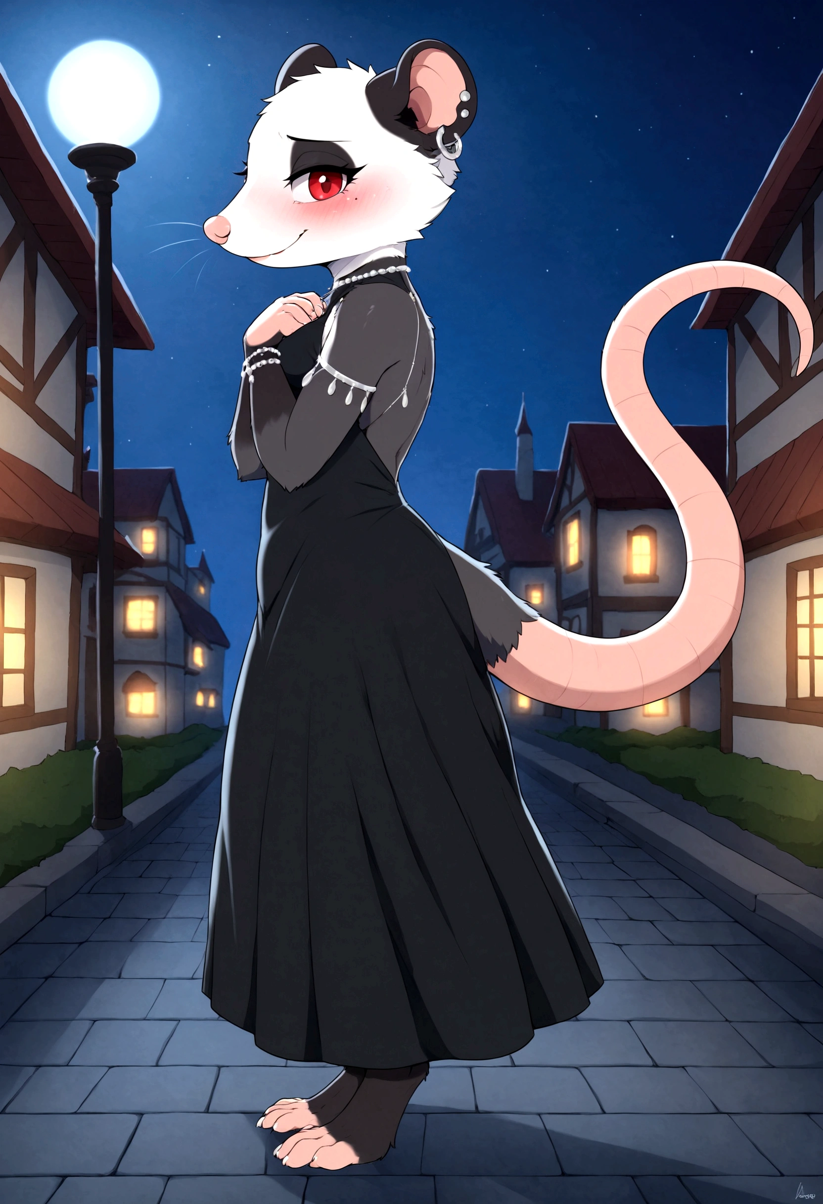 furry female, solo, dagasi_style,, furry, village, night, cozy lights, opposum female, standing, side view, looking at spectator, smiling, piercing on left ear, red eyes, clear eyes, opossum, paws, feet, barefoot, long black dress, beautiful dress, silver bracelets on arms, embarrassed, happy to see you, two tone fur, black fur, white fur