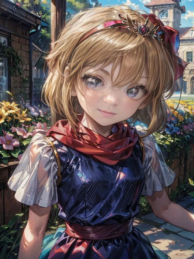 masterpiece、1 beautiful girl、fine eyes、smile,puffy eyes、highest quality, 超High resolution, (reality: 1.4), movie lighting、super beautiful、beautiful skin、body facing forward、Upper body,close up of face,(Ultra-realistic)、(High resolution)、(8k)、(very detailed)、(Beautiful and fine eyes)、(Super detailed)、 (wall-)、detailed face、bright lighting、professional lighting、looking at the viewer、look straight ahead、slanted bangs、perfect cosplay, highest quality,super detailed,1 girl,alone,magical princess,blonde hair,blue clothes,blue skirt,brown eyes,feather hair band,long hair,pauldron,boots,red scarf,tiara,white shoes, flower field background,prepare a bow