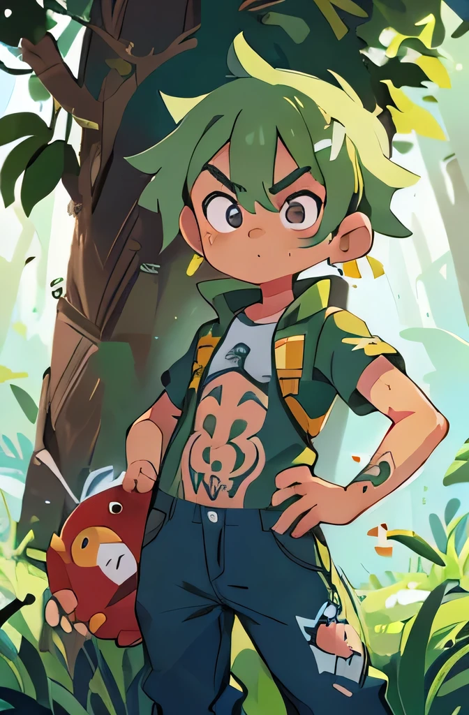Man, anime, cabelos pretos, cabelos longos, cabelos muito longos, cabelo entre os olhos, olhos verdes, Pupilas verdes,sorrir, tatuagem no peito, tatuagem, Pants, sozinho, Foco masculino, Olhando para o Viewer, macho de peito nu, musculoso, qualidade de obra prrima, 4k, Ultra Detalhe