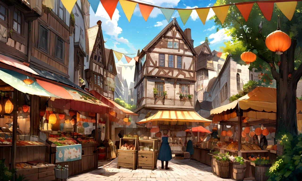((((masterpiece, Best Quality, High resolution)))), High detail, manga，anime，Illustrated style，Use of bright colors，Color scheme reminiscent of a daytime scene from a Ghibli studio，Medieval European fantasy worldview, Christmas market daytime, Bustling food stalls,Many food stalls are lined up，No humans，The clothes people are wearing remind me of the Ghibli Studio&#39;s Kiki&#39;s Delivery Service.， RPG-like scenery, Colorful tent stalls.Delicious food is on sale, The sky is bright blue、Fluffy white clouds floating, And the sun is shining brightly, Create a magical and cozy atmosphere.