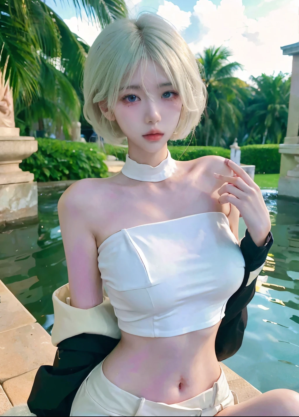Beautiful woman with perfect figure:1.4,Layered hairstyle,White skin,Prominent cleavage,Bikini:1.5,Super short pleated skirt,whole body,Very delicate facial and skin texture,Double eyelids,Skin Whitening,Long white hair
