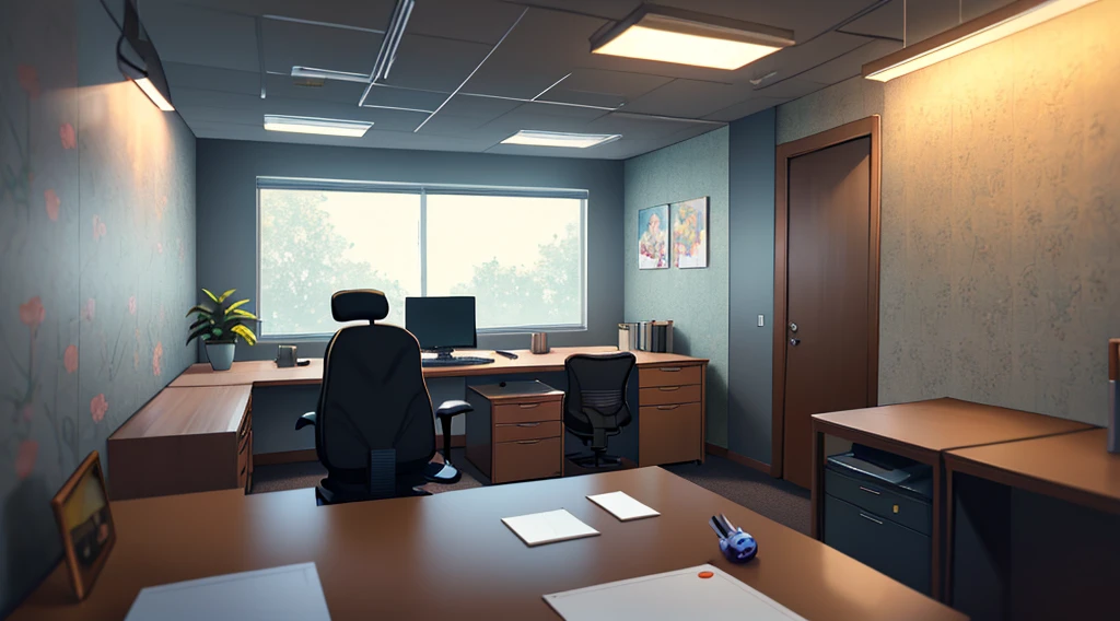 gentle, anime background art, clean lines, intricate details, serene, empty, high quality, raytracing video game, large room, neat, organized, clean, bare, empty, multiple traditional drawing tablets on desk, view from window, office chair, calm, cozy, vintage feel, simple, soft textures, interior wallpaper, blurry foreground, night time background with street lights, large office space