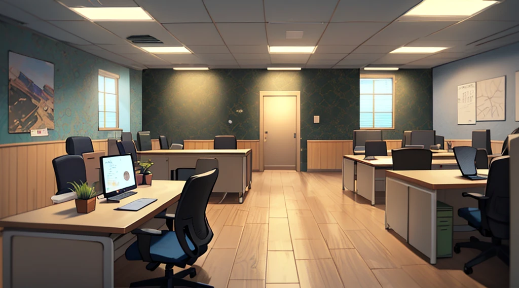gentle, anime background art, clean lines, intricate details, serene, empty, high quality, raytracing video game, large room, neat, organized, clean, bare, empty, multiple traditional drawing tablets on desk, view from window, office chair, calm, cozy, vintage feel, simple, soft textures, interior wallpaper, blurry foreground, night time background with street lights, large office space