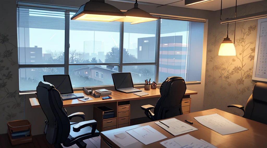 gentle, anime background art, clean lines, intricate details, serene, empty, high quality, raytracing video game, large room, neat, organized, clean, bare, empty, multiple traditional drawing tablets on desk, view from window, office chair, calm, cozy, vintage feel, simple, soft textures, interior wallpaper, blurry foreground, night time background with street lights, large office space
