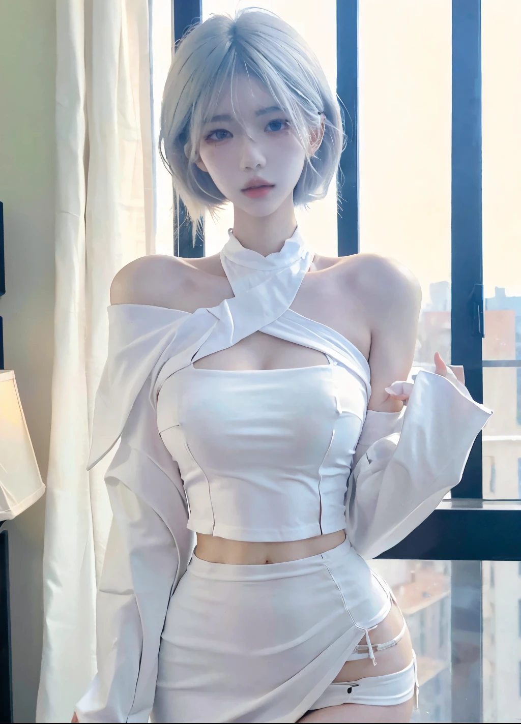 Beautiful woman with perfect figure:1.4,Layered hairstyle,White skin,Prominent cleavage,Bikini:1.5,Super short pleated skirt,whole body,Very delicate facial and skin texture,Double eyelids,Skin Whitening,Long white hair
