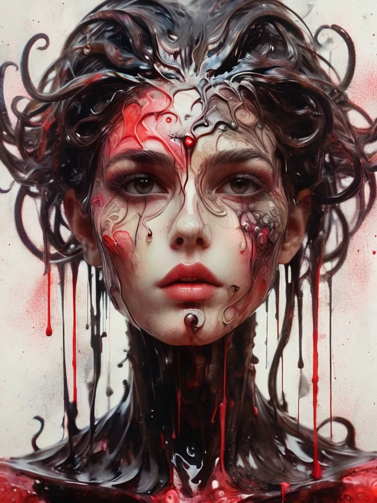 8K, rgb, hdr, pinturas de aceite, acuarelas, colores saturados brillantes, Anna Razumovskaya, Jarek Kubicki, Aleksi Brilo, Darek Zabrotsky, sakimichan, lois, Aminola Rezai, foto CRUDA, negro, dark Rojo, de cerca, Retrato de Medusa, mixed media collage. text with inscription "eloise", hermoso rostro. calligraphy, Gouache Wash, Boceto a pluma, lineas finas, Vintage illustration style. negro, blanco, Rosa coral, Rojo, pelo rubio, beautiful patterns  ral-negrolight