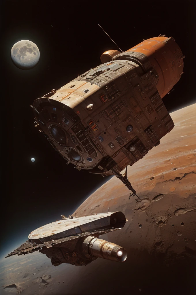 a spaceship in orbit of Mars with the moon Deimos in the background, masterpiece, best, photo realistic