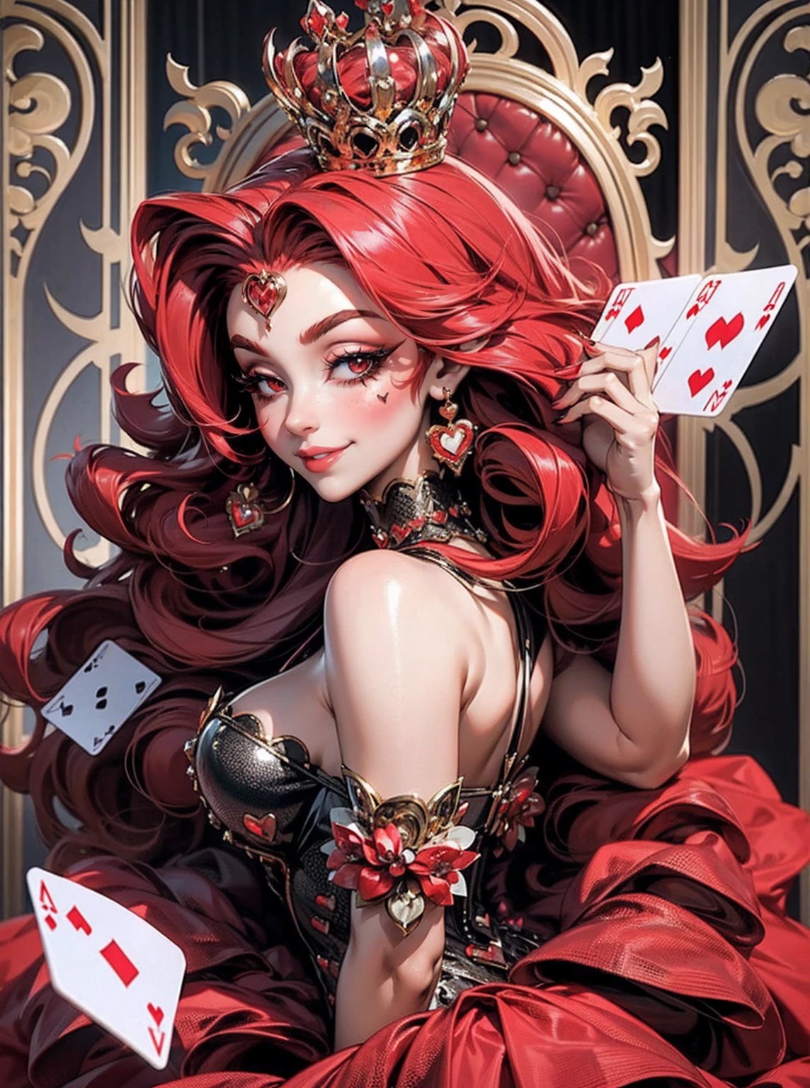 Em um luxuoso cassino, A stunning woman wears an exquisite dress adorned with heart symbols, embodying the royal presence of the Queen of Hearts. Surrounded by a backdrop of poker cards and chips, She exudes confidence and seduction, convidando os jogadores a testar sua sorte e habilidades no jogo de azar. com cabelos curtos, enrolados, cabelos vermelhos (queen of hearts), backwards, looking back, sorrindo, sorriso largo