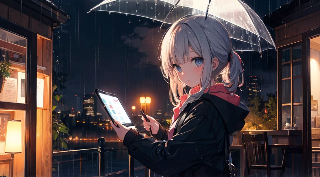 Home, study, night, rain, Girl's long brown hair, sleep, machine, computer, warm, Chill, relax, High resolution, Super sharp, 8k, masterpiece, A girl in a kimono sits, Black Short Hair, lake, moon, reflection, Japan