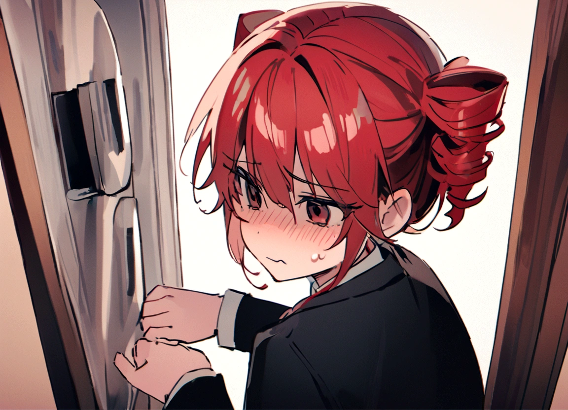 Red hair、Black Suit、Open the empty refrigerator at home、Sad expression