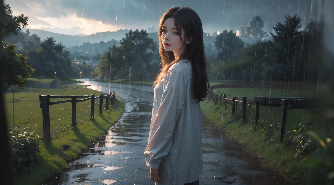 Rain in the landscape, (Masterpiece, Best Quality, High Quality, Highres:1.4), Detailed, Extremely Detailed, Ambient Soft Lighting, 4K,Blurry, Blurry Background, Depth of Field,