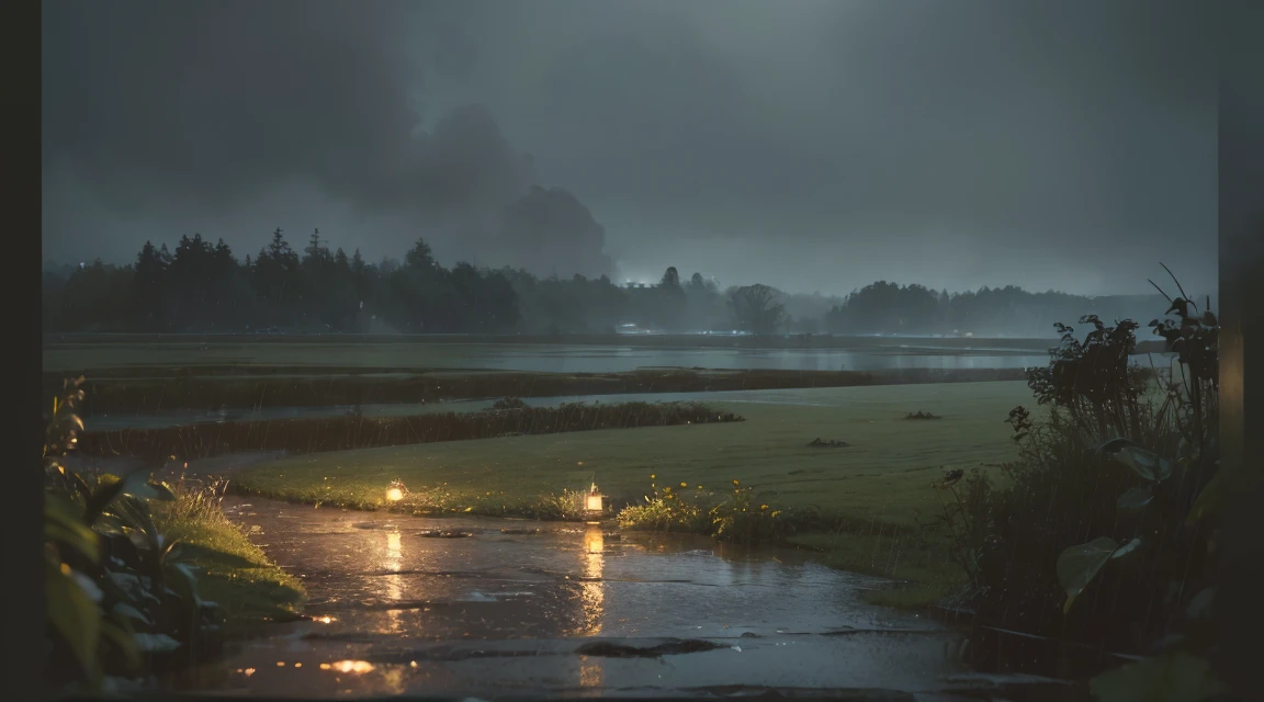 Rain in the landscape, (Masterpiece, Best Quality, High Quality, Highres:1.4), Detailed, Extremely Detailed, Ambient Soft Lighting, 4K,Blurry, Blurry Background, Depth of Field,