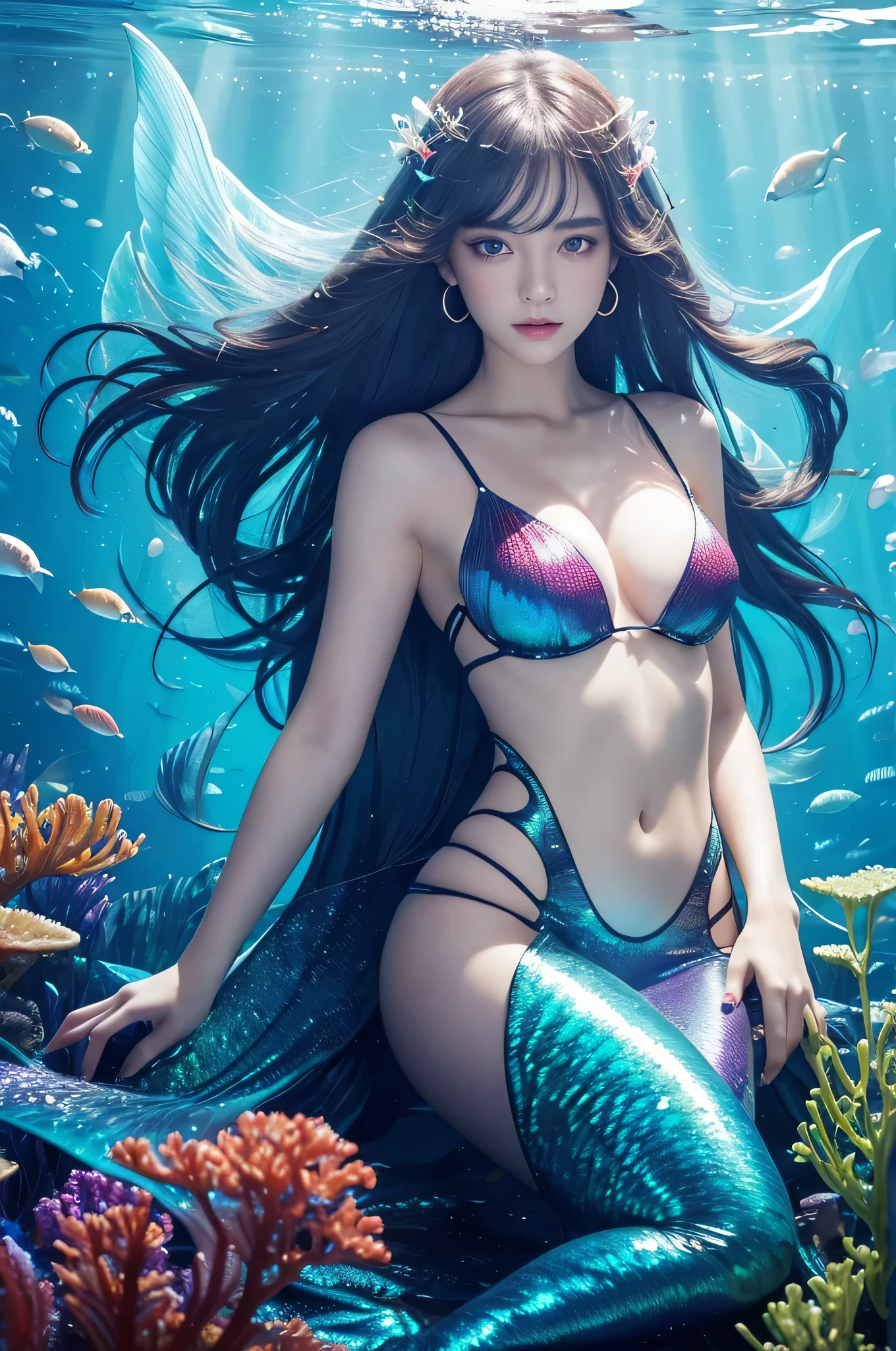 This image is、This artwork depicts a mermaid with vivid colors and a fantastical atmosphere.。Below is the detailed prompt for the image。

--- In the center of the image、Beautiful mermaids are depicted。Her upper body is that of a human female.、The lower half of the body is a brightly colored fish tail covered with scales.。Her hair is a dark blue and green gradient.、It is depicted like a beautiful wave.。Hair spreads out softly in the water、It sparkles and shines when exposed to light.。

Her eyes are big、In deep red、It shines like a jewel。Her expression is calm, yet somehow mysterious.。Her lips were stained red、It blends in with the overall color scheme。

Her upper body is covered with a red top.、There are ruffles on the shoulders。The design of the top is very simple.、It brings out her natural beauty。The tail of the lower body、blue to green、And covered in iridescent scales。The scales shine with rainbow colors in the light.、Very beautiful。

The background depicts a fantastic underwater world.。Green and blue lights intertwine、It creates an atmosphere like being in the deep sea.。The underwater plants and light reflections are depicted.、The overall effect is mysterious and fantastical.。Light refracts in water、It creates a colorful glow。

The use of light and shadow is extremely clever、The light reflected on the mermaid&#39;s body and in the background is beautifully drawn.。The light reflects off her hair and tail.、It makes her look even more prominent。The scales on her tail are particularly detailed.、It gives a dreamy impression while still retaining reality.。

as a whole、This image is very realistic yet has a strong element of fantasy.、Gives a strong visual impact to the viewer。Her beauty blends perfectly with the vibrant colors of the background.、It offers a highly engaging visual experience。This work is packed with artistic and fantastical elements that users love.。