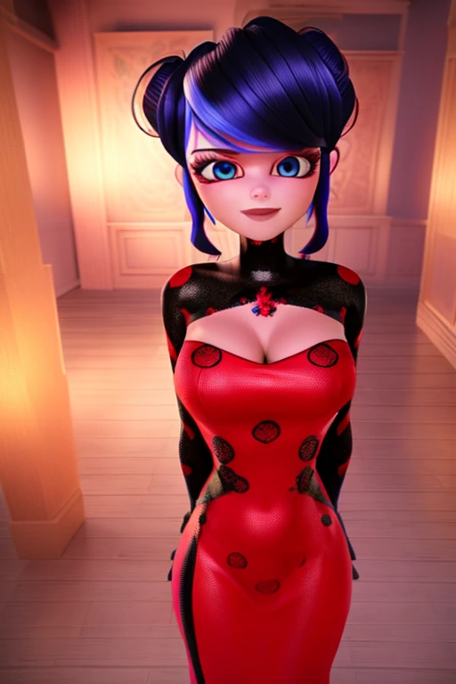 (8k, RAW photo, best quality, masterpiece:1.2), (intricate details), perfect eyes, perfect face, perfect lighting, beautiful, (masterpiece:1.2), (best quality:1.2), 1girl, (Marinette, blue hair,) ((long flowing hair)), adult torso, 19 years old, slight smile, huge sized breasts, cowboy shot