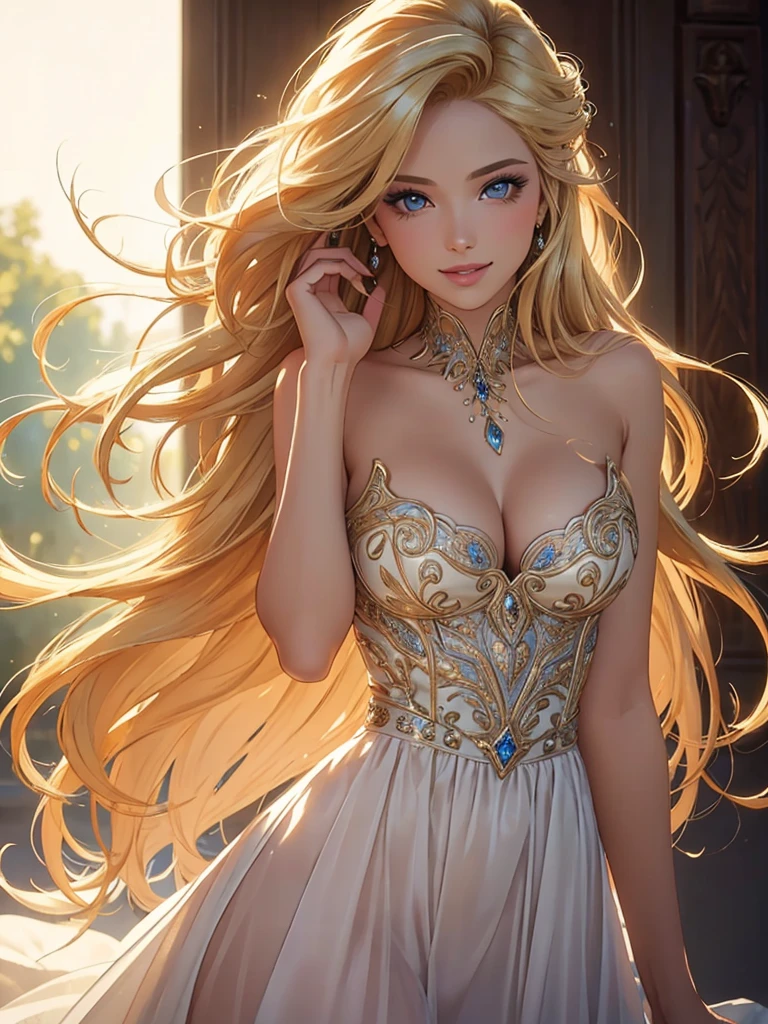 (Best quality,ultra detailed,Photorealistic:1.37),bright and rich colors,studio lighting,Playful expression,stylish makeup,Long blonde hair fluttering in the wind,inviting eyes,Glossy lips,sexy pose, Romantic era, red, I smile confidently and seductively,posing for a professional photo shoot,Shallow depth of field,highlighting the main subject,Soft natural light,Creating a dreamy and magical atmosphere.