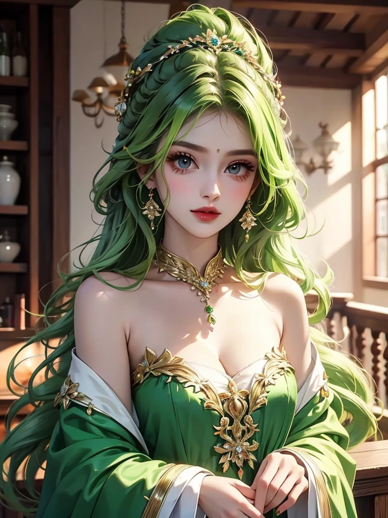 Beautiful woman in gorgeous clothes，Greasy and shiny green lipid hair，（Upper Body）Features