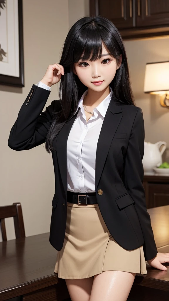 ((high quality)), ((Tabletop)), (Detailed face), (highlight),　Asian woman、Black Hair、Heavy bangs、skirt、blazer
