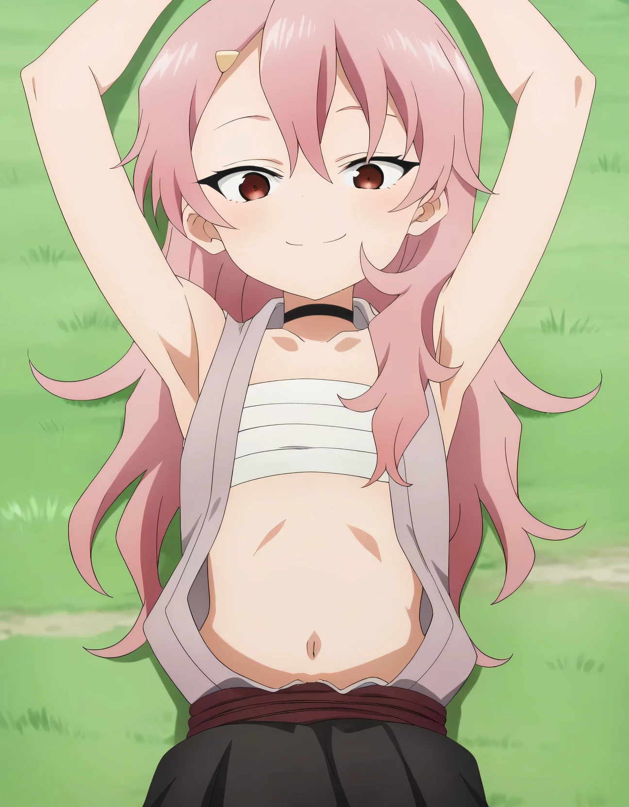 benisumomo, anime coloring ,BREAK source_anime, anime, long hair, hair ornament, red eyes, navel, pink hair, japanese clothes, choker, hairclip, flat chest, black choker, sarashi, chest sarashi, black skirt, high quality, solo, lying, on back, arms up, spread arms, closed mouth, on grass, spread legs, (cowboy shot:1.5), looking at viewer, smile, best quality