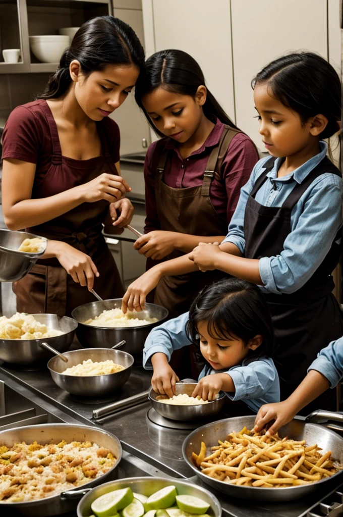 Women and children making delicious