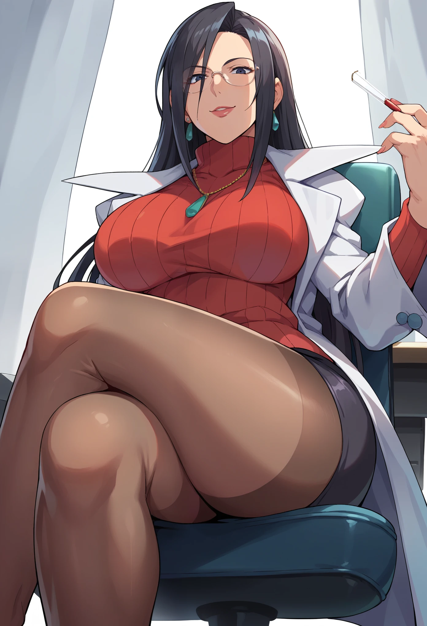 score_9, score_8_up, score_7_up, score_6_up, source_anime, BREAK 1girl, solo,seductive smile,mkyouko, black hair, glasses, earrings, necklace, labcoat, red sweater, turtleneck, black miniskirt, pantyhose, big breasts, school,infirmary,chair,sitting, crossed legs,from below