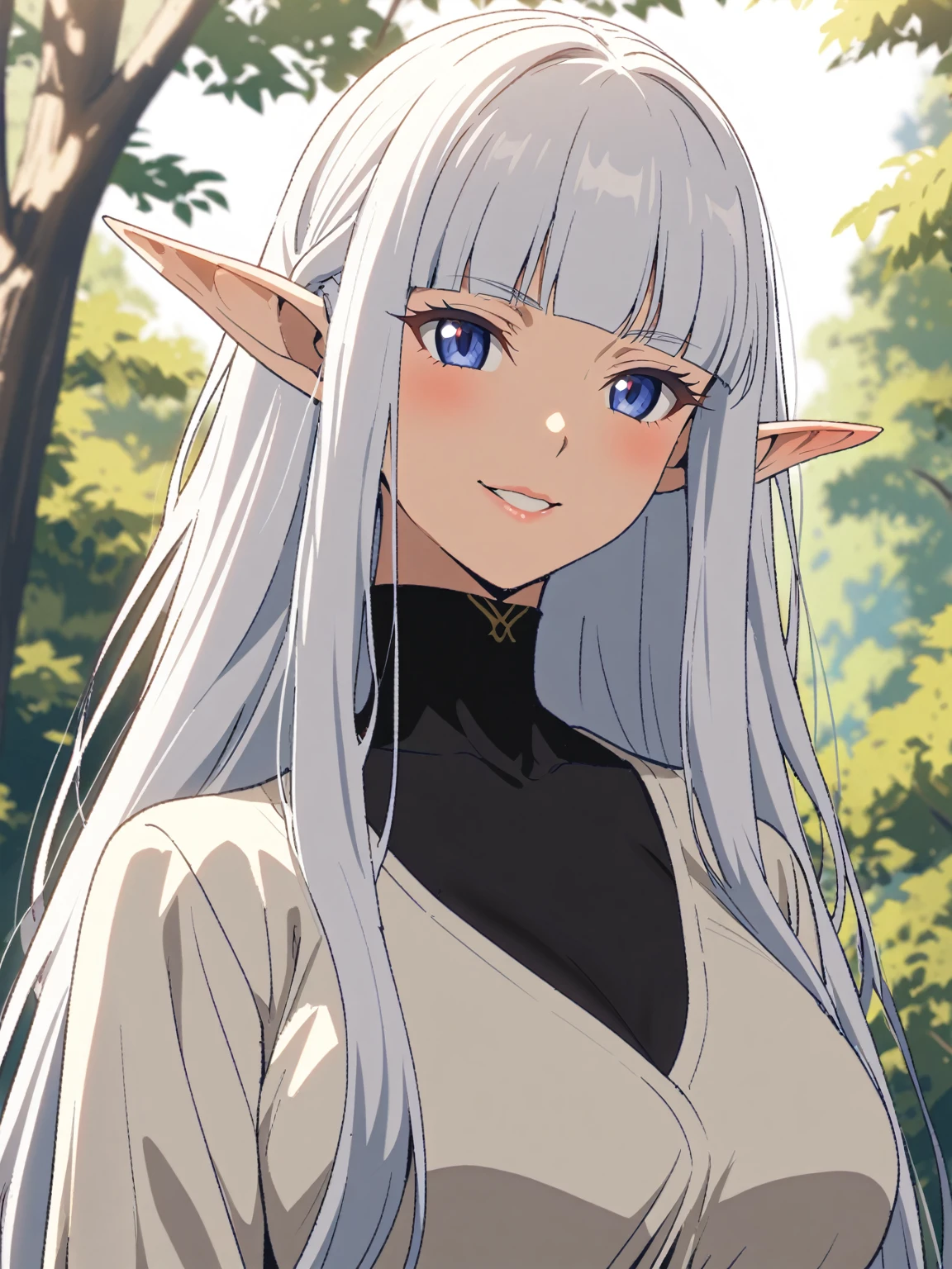 {{upper body, face focus}} {{Artist: Sincos}} 1 woman, solo, mature female, elf elegant, princess, pointy ears, blue eyes, long hair, straight hair, white hair, blunt bangs, lips, large breasts, happy, white tunic, black collar, black undershirt, outdoors, forest, dappled sunlight, medieval fantasy.
