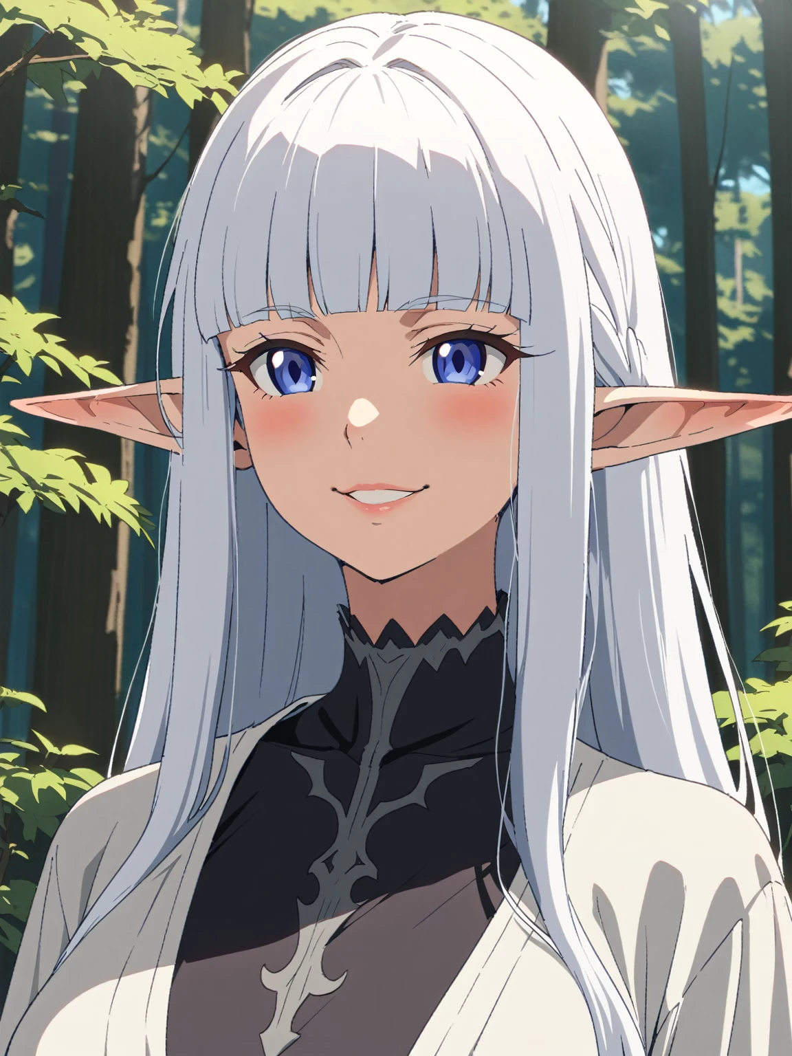 {{upper body, face focus}} {{Artist: Sincos}} 1 woman, solo, mature female, elf elegant, princess, pointy ears, blue eyes, long hair, straight hair, white hair, blunt bangs, lips, large breasts, happy, white tunic, black collar, black undershirt, outdoors, forest, dappled sunlight, medieval fantasy.
