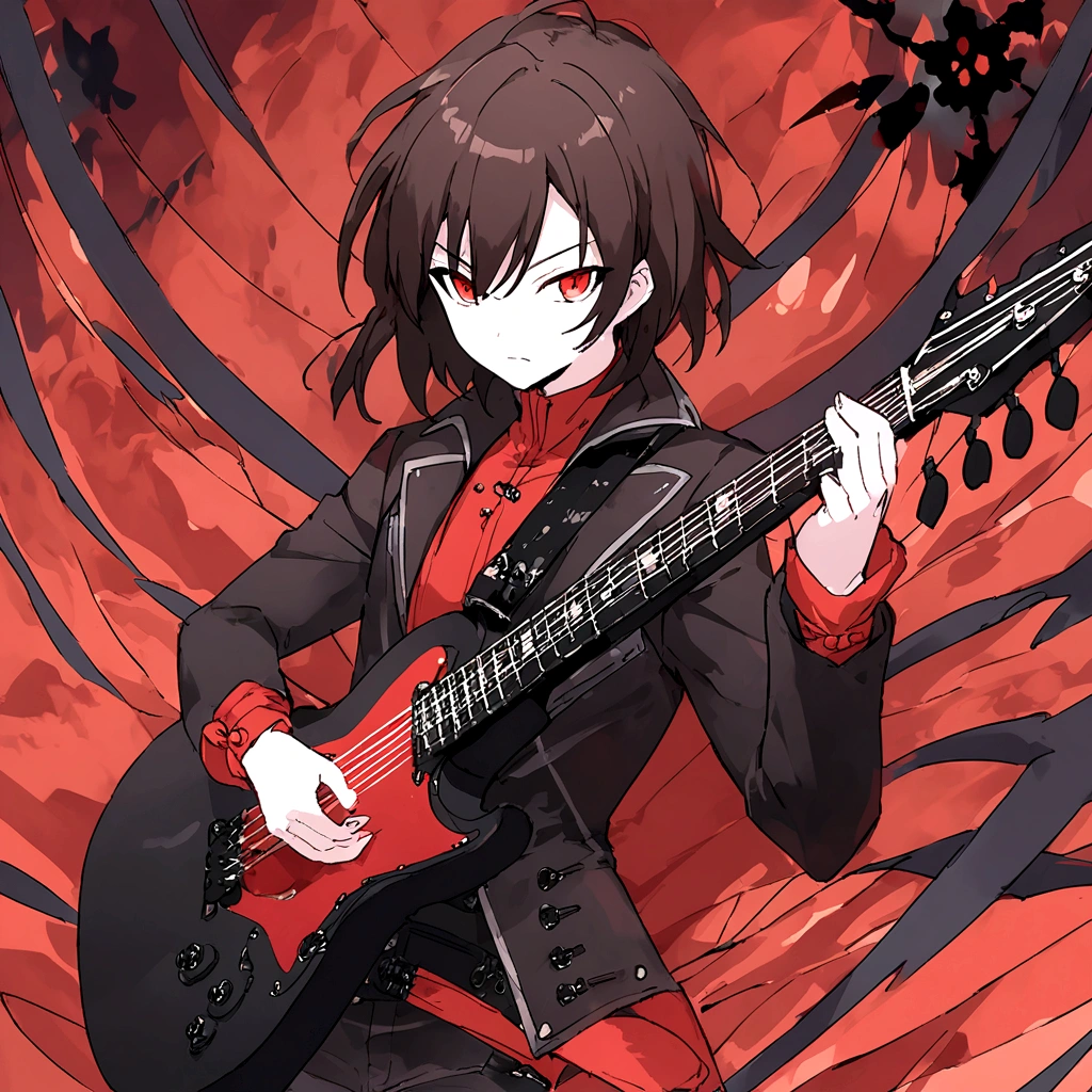 a black-haired anime man ,extremely detailed portrait,cinematic lighting,dramatic dynamic pose,8k resolution,stunning masterpiece,black background,black electric guitar in hand, anime, anime style
