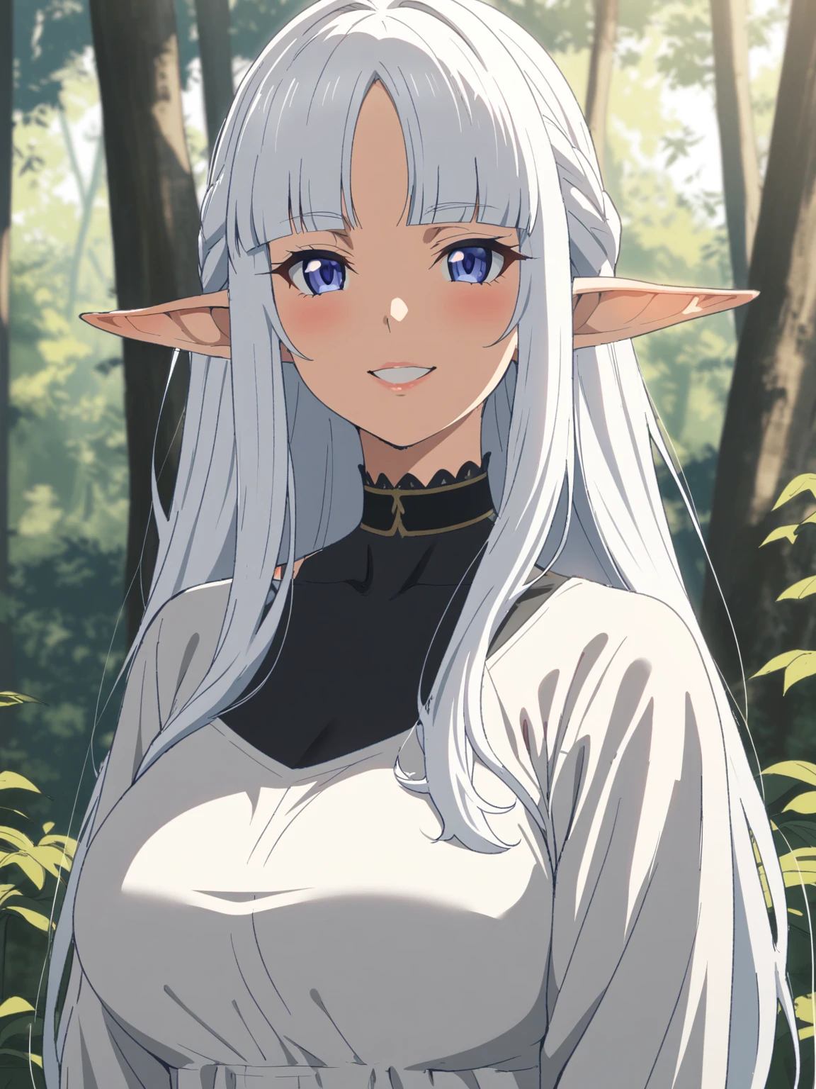 {{upper body, face focus}} {{Artist: Sincos}} 1 woman, solo, mature female, elf elegant, princess, pointy ears, blue eyes, long hair, straight hair, white hair, blunt bangs, lips, large breasts, happy, white tunic, black collar, black undershirt, outdoors, forest, dappled sunlight, medieval fantasy.