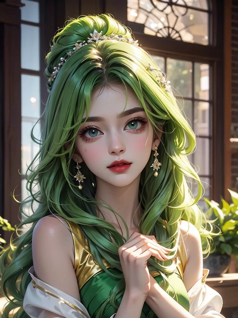 Beautiful woman in gorgeous clothes,Greasy and shiny green lipid hair,(Upper Body)Features