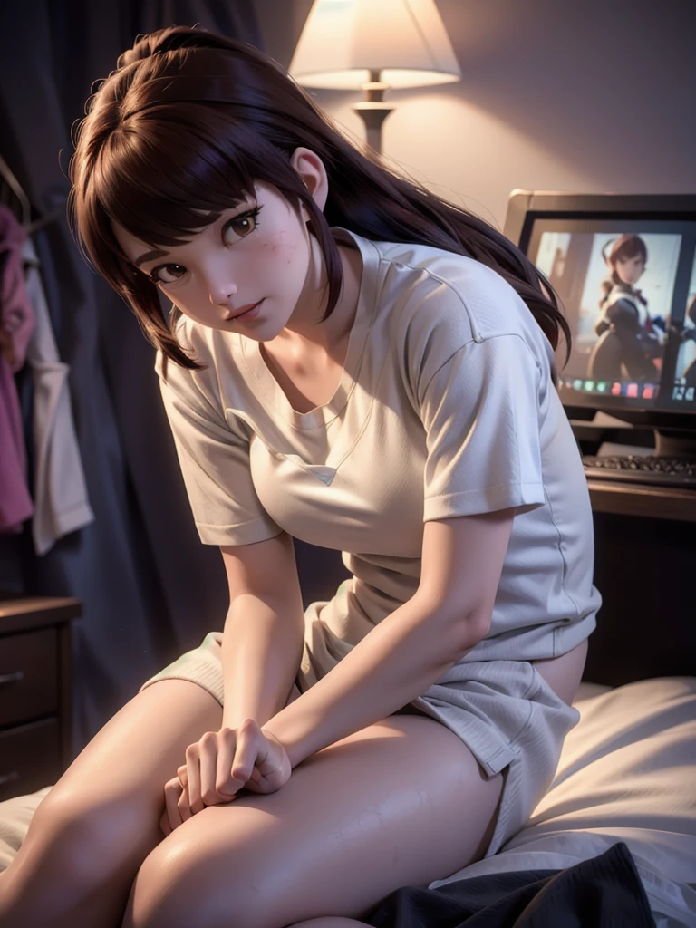 (DVA from Overwatch) without mech, a woman with short brown hair in a (ponytail),she sits on her bed with her legs spread, high quality refelctions, volumetric lighting, wearing a zoo short and tight (plain white t-shirt), in her bedroom on her bed, 1 girl solo, cinematic lighting, high resolution, physically-based rendering, 8k, volumetric lighting, hyperrealistic, detailed facial features, masterpiece, full upper body, gaming setup in background, cinematic, you can see the fabric of the shirt and the knits very detailed, small breasts, nsfw, the focus is on her whole body and the environment, cinematic screenshot, you can see the whole room and her sitting on the bed