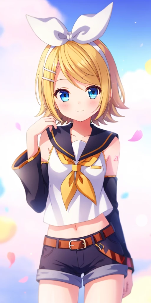 one girl, Kagamine Rin, blue eyes, short hair, beauty, beautiful skin, happily, my girlfriend, naive, my fiance, slender, sailor collar, cute, short pants, black sleeve, standing, cowboy shot, belt