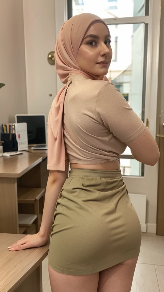25 years old, see through clothing, tight light khaki skirt, view from side back, skinny, upskirt, teasing, office, waist shot, light khaki hijab, pale skin, facing viewer, late night, lying on table, moaning, light pink underwear, hand on head, upskirt