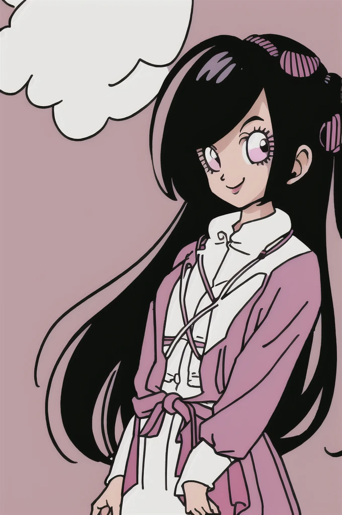 akira toriyama style,1girl, mature lady, ((solo:1.4)), modern clothes, long black hair, pink eyes, anime coloring, innocent smile, ((masterpiece))