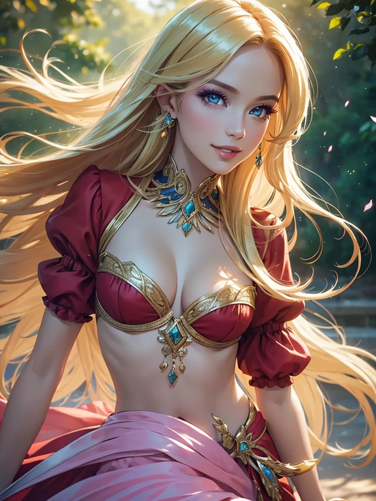 (Best quality,ultra detailed,Photorealistic:1.37),bright and rich colors,studio lighting,Playful expression,stylish makeup,Long blonde hair fluttering in the wind,inviting eyes,Glossy lips,sexy pose, Romantic era, red, I smile confidently and seductively,posing for a professional photo shoot,Shallow depth of field,highlighting the main subject,Soft natural light,Creating a dreamy and magical atmosphere.