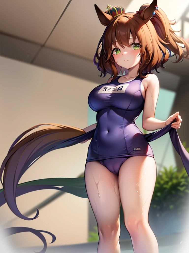 masterpiece, best quality, unity 8k wallpaper, 
1girl, solo, aston machan \(umamusume\), horse tail, horse ears, big breasts, 
standing,  from below,
school swimsuits, wet, cameltoe,