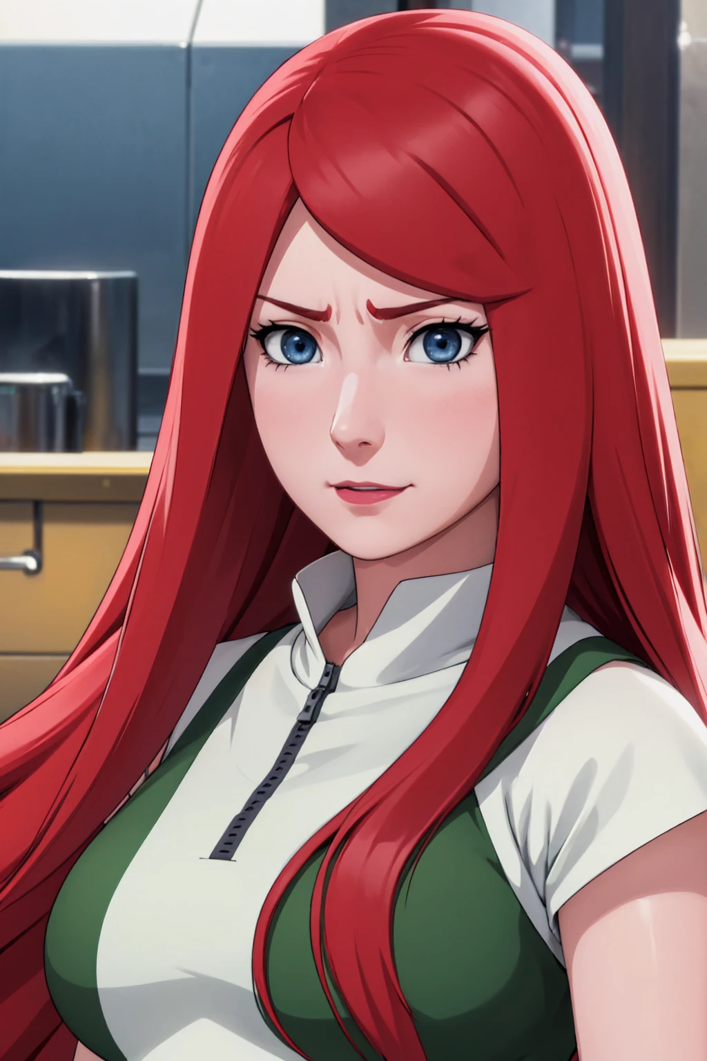 a close up of a person with long hair and a green and white dress, uzumaki kushina, uzumaku kusgiba from anime naruto shippuden, as an anime character, perfect anime face, she has red hair with bangs, female anime character, anime character, anime best girl, hime cut hairstyle, red hair, (red glossy lips:1.3), blue eyes, smile, big , realistic, ultra detail, city background, (beautiful face:1.3) angry