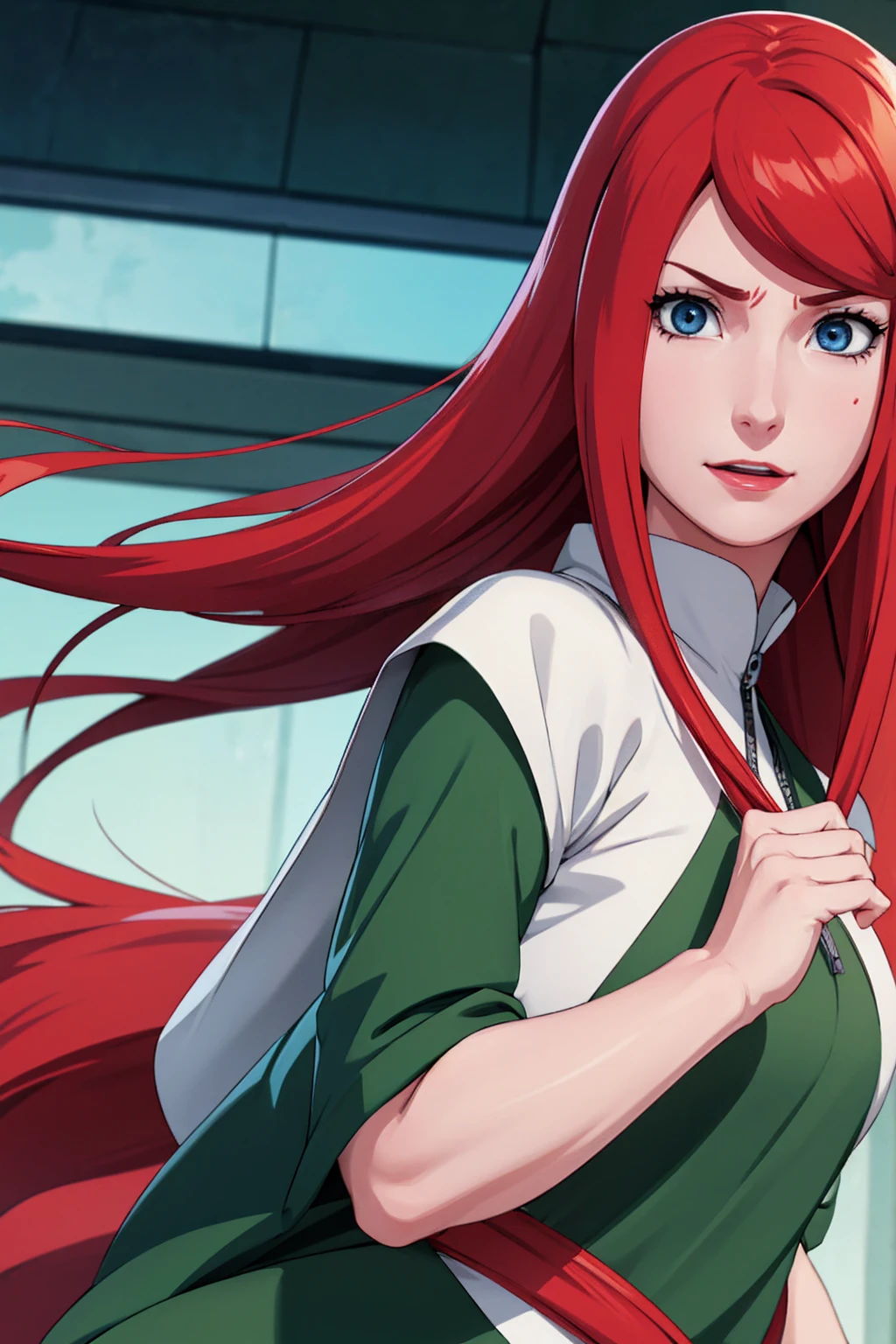 a close up of a person with long hair and a green and white dress, uzumaki kushina, uzumaku kusgiba from anime naruto shippuden, as an anime character, perfect anime face, she has red hair with bangs, female anime character, anime character, anime best girl, hime cut hairstyle, red hair, (red glossy lips:1.3), blue eyes, smile, big , realistic, ultra detail, city background, (beautiful face:1.3) angry