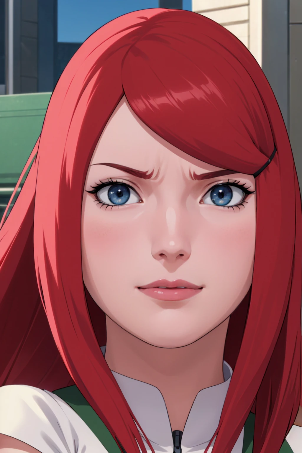 a close up of a person with long hair and a green and white dress, uzumaki kushina, uzumaku kusgiba from anime naruto shippuden, as an anime character, perfect anime face, she has red hair with bangs, female anime character, anime character, anime best girl, hime cut hairstyle, red hair, (red glossy lips:1.3), blue eyes, smile, big , realistic, ultra detail, city background, (beautiful face:1.3) angry