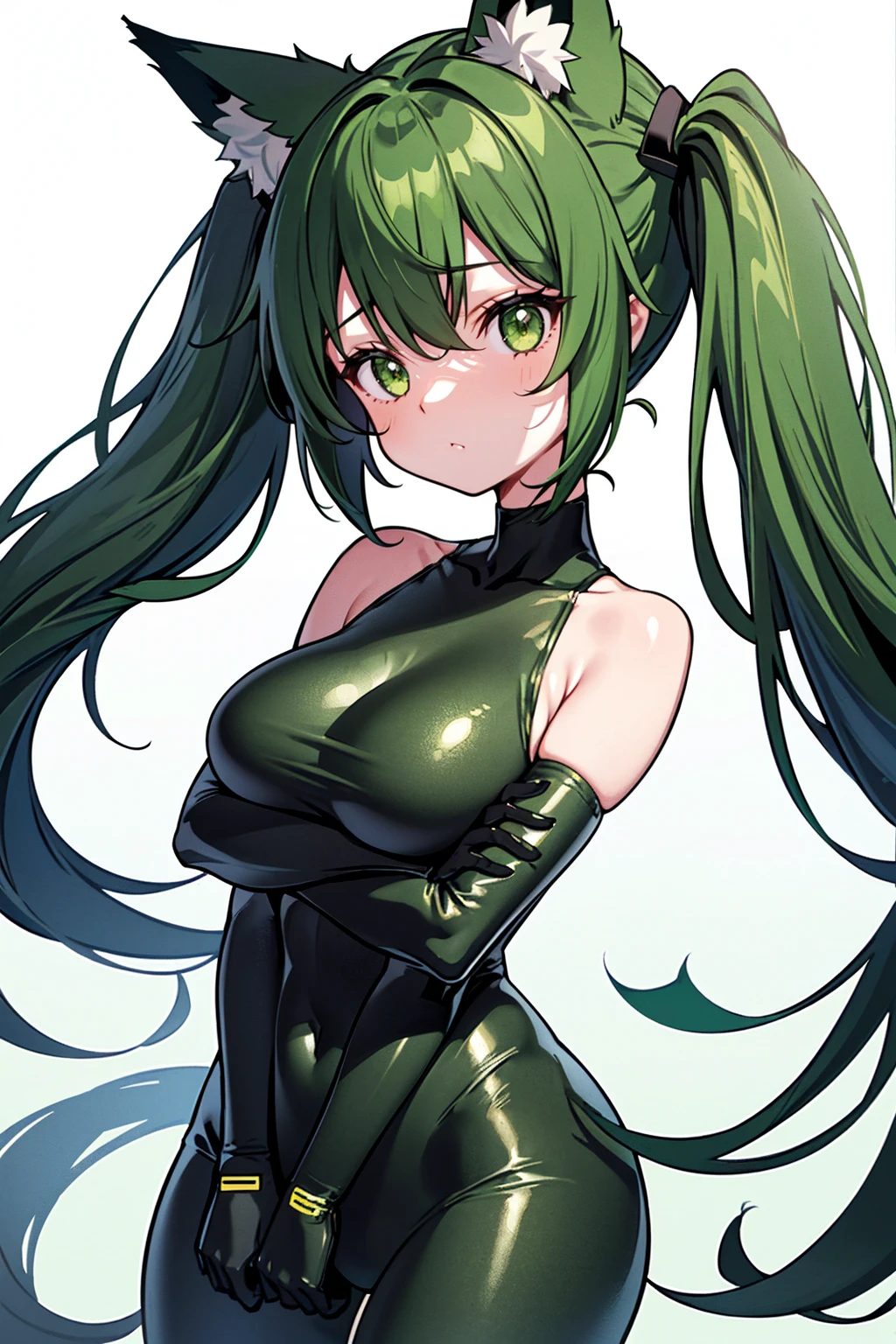 whole body,Standing posture, (alone,Dark green hair,Pigtails,Fox ears,) (One girl, Big Tits,Girl), (beautifully drawn face:1.2) (Plug Suit:1.3,Green clothes) Expressionless,(White background) 