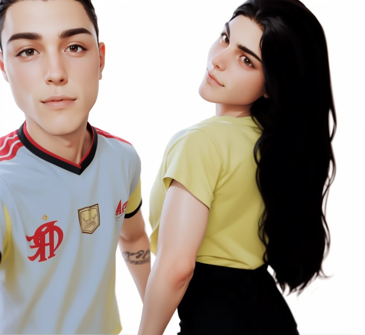 Best quality, casal, cabelo preto, adolescentes, camisa amarelo, camisa branca, 24 anos